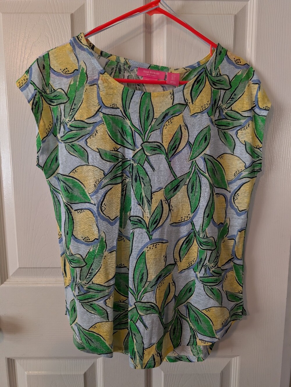 NWT S - Isaac Mizrahi 100% Linen Lemon Print Cap Sleeve Top - Yellow & Green